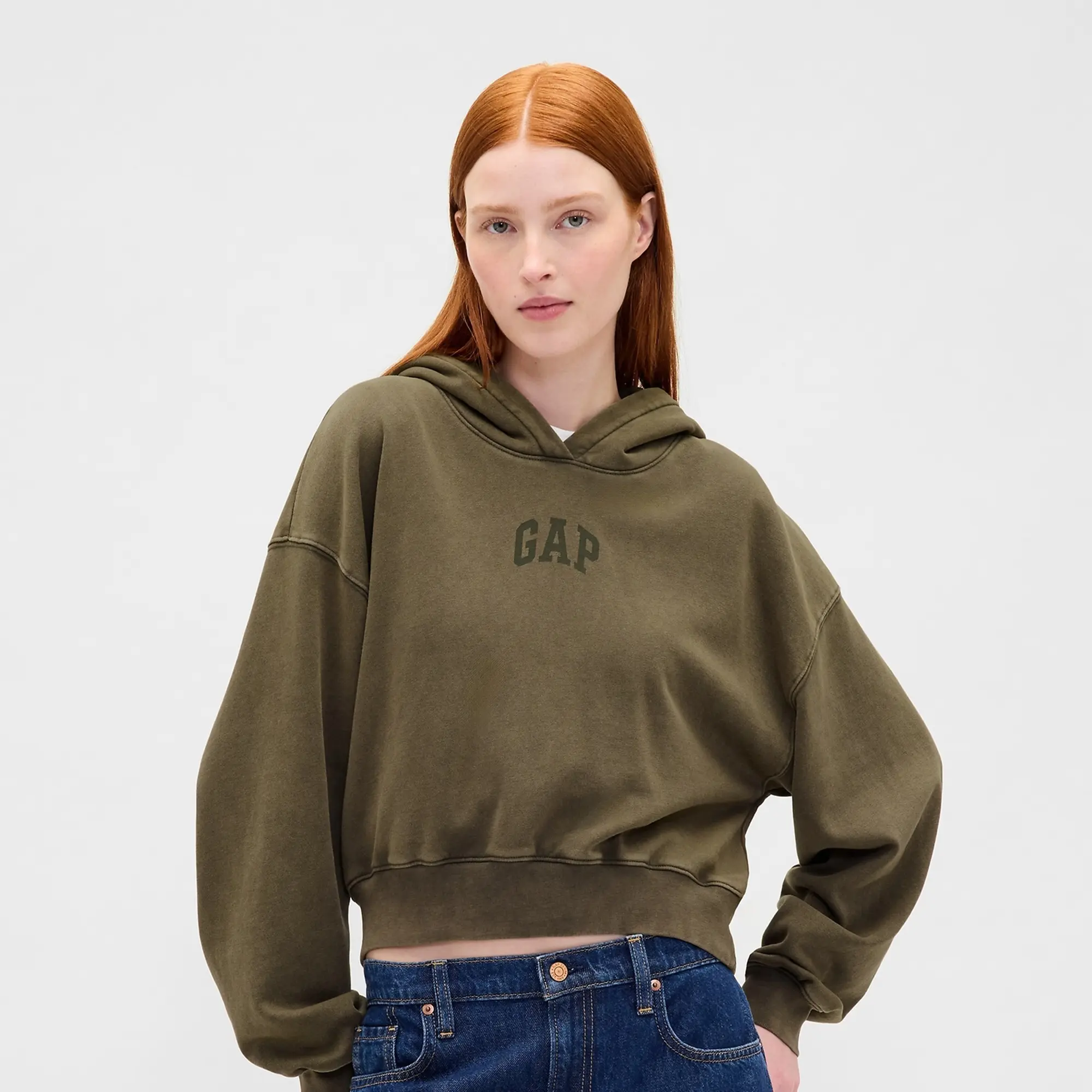 Women's Arch Logo Cropped Waist Oversized Polycotton Soft Fleece Pullover Hoodie