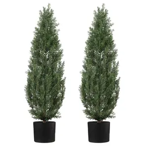 Set of 2 Potted 3FT Faux Cedar Trees - Lifelike UV-Protected Topiary for Front Door Decor, Porch, Garden, and Entryway - Indoor/Outdoor Use