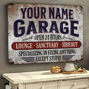 Customizable Vintage Metal Garage Sign - Classic Nameplate, Scratch-Resistant and Waterproof, High-Gloss Aluminum Wall Decor for Man Cave, Perfect for Home Entrance and More, No Power Needed, Garage Decor, Rest Room Sanctuary, Multipurpose Decor