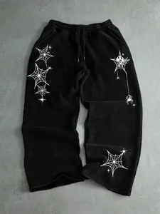 Unisex Casual Sports Pants with Spider Web Print, Loose Fit, Waist Belt & Slant Pockets, Perfect for Halloween