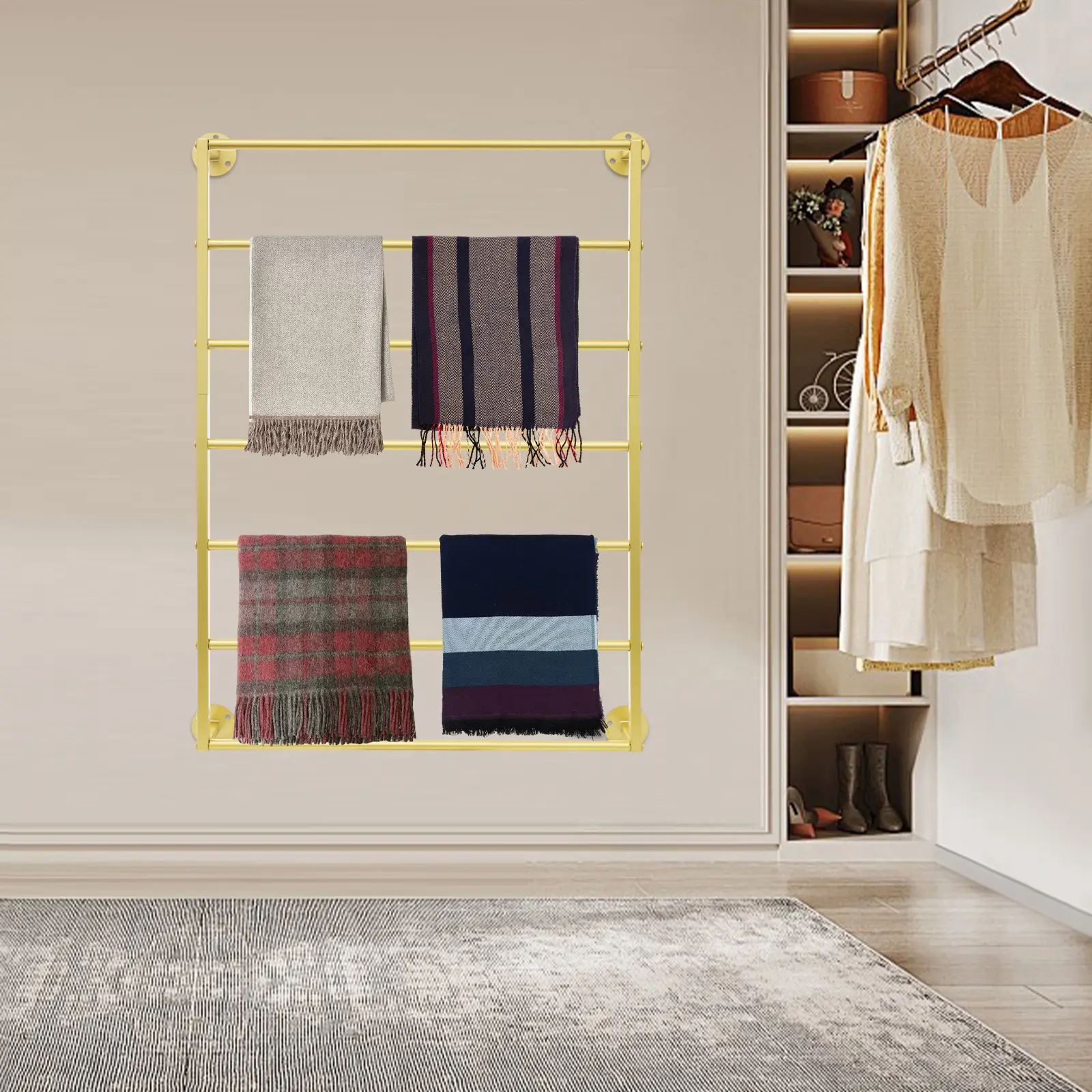 7 Tier Wall Mount Scarf Rack 50lbs Load for Towel Tie Belt Display Bedroom Bathroom