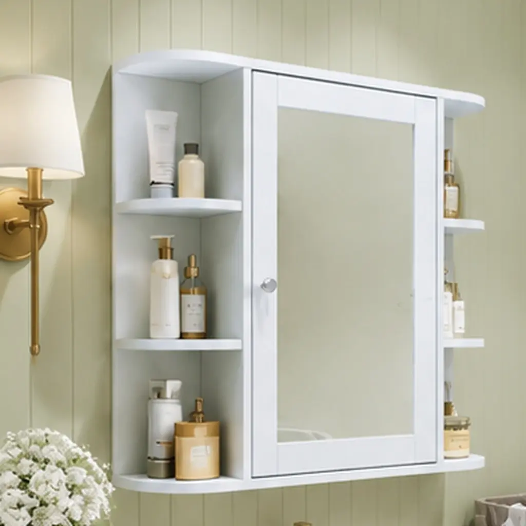 Bathroom Wall Mounted Mirror Cabinet with Adjustable Shelves, White MDF Medicine Storage Cabinet with 6 Open Compartments, Space-Saving Over Toilet Organizer for Toiletries and Towels, 26"W x 6.5"D x 24.75"H, White Color Options