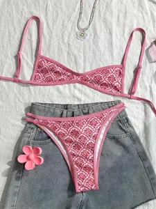 HOT CURVE Women's Summer Spaghetti Strap Sexy Bikini Vacation Tight Casual Printed Random 2 Pieces Bikini Beach Outfit Set