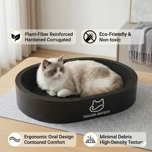 Black Oval Cat Scratcher & Bed - Upgraded Hardened Plant Fiber Cardboard - Luxury 2-in-1 Circular Pet Scratch Pad for Small & Large Cats
