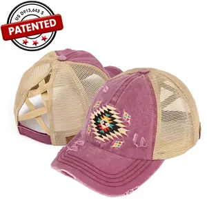 C.C Criss-Cross Ponytail Cap with Distressed Aztec Patch for Women
