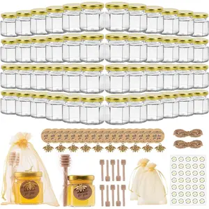 48 Pack 1.5 oz Mini Honey Jars with Dipper, Glass Hexagon Honey Jar for Wedding Favors, Empty Glass Jars for Party Favor