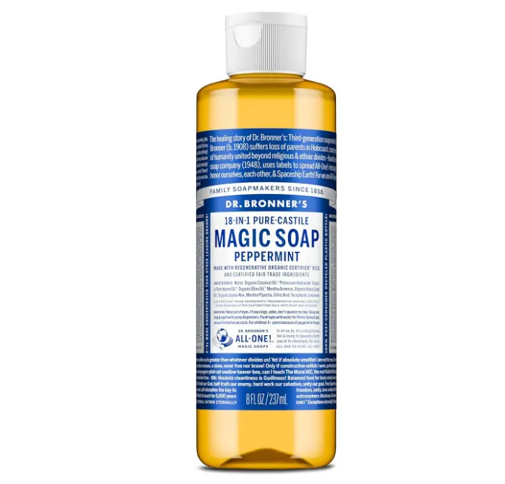 Dr. Bronner's Pure-Castile Magic Liquid Soap (Peppermint, 8 Ounce)- Made with Organic Oils, 18-in1 Uses: Face, Hair, Hand & Body Soap, Laundry, Pets- Concentrated, Vegan, Non-GMO