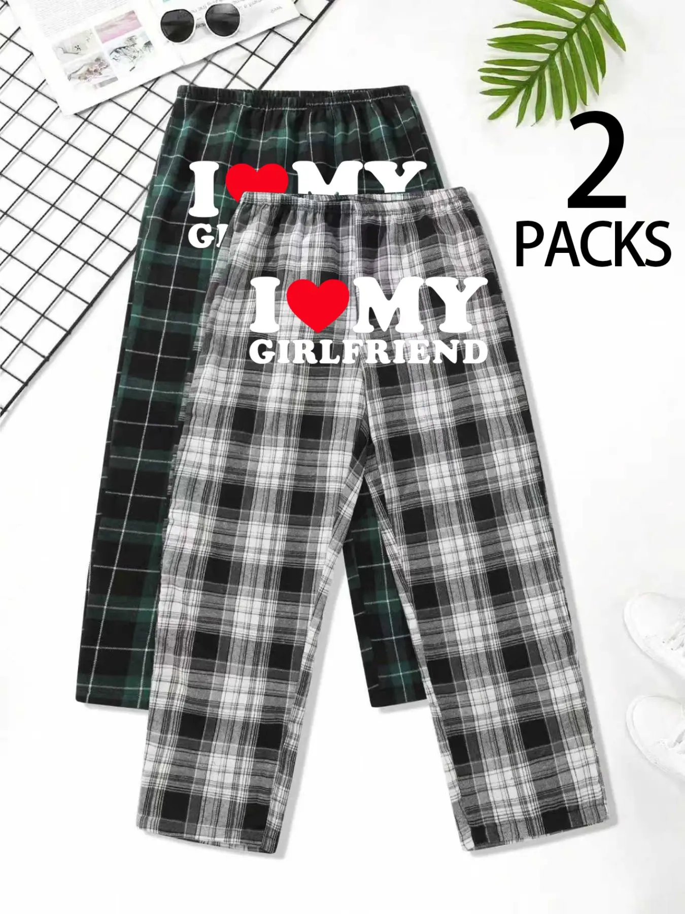 Unisex Valentine’s Day Plaid Sleepwear Pants Set, Soft & Comfy Loose Fit, Ideal for All Seasons, 2-Piece Pack, Pajama Set, Loungewear, Heart, Pjs