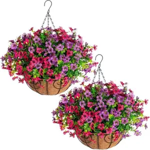 Artificial Outdoor Flowers in 2pc Hanging Baskets, Fake Hanging Plants for Spring Decorations, Anti-UV Silk Daisy Eucalyptus Trees