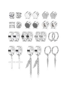 13Pairs Stainless Steel Magnetic Earrings for Men Women Zirconia Earrings Set Ear Studs Hoop Earrings Clip on Earrings Men Sleeper Earrings Black Silver-tone Daily Trend Jewelry Earring Stacking Set