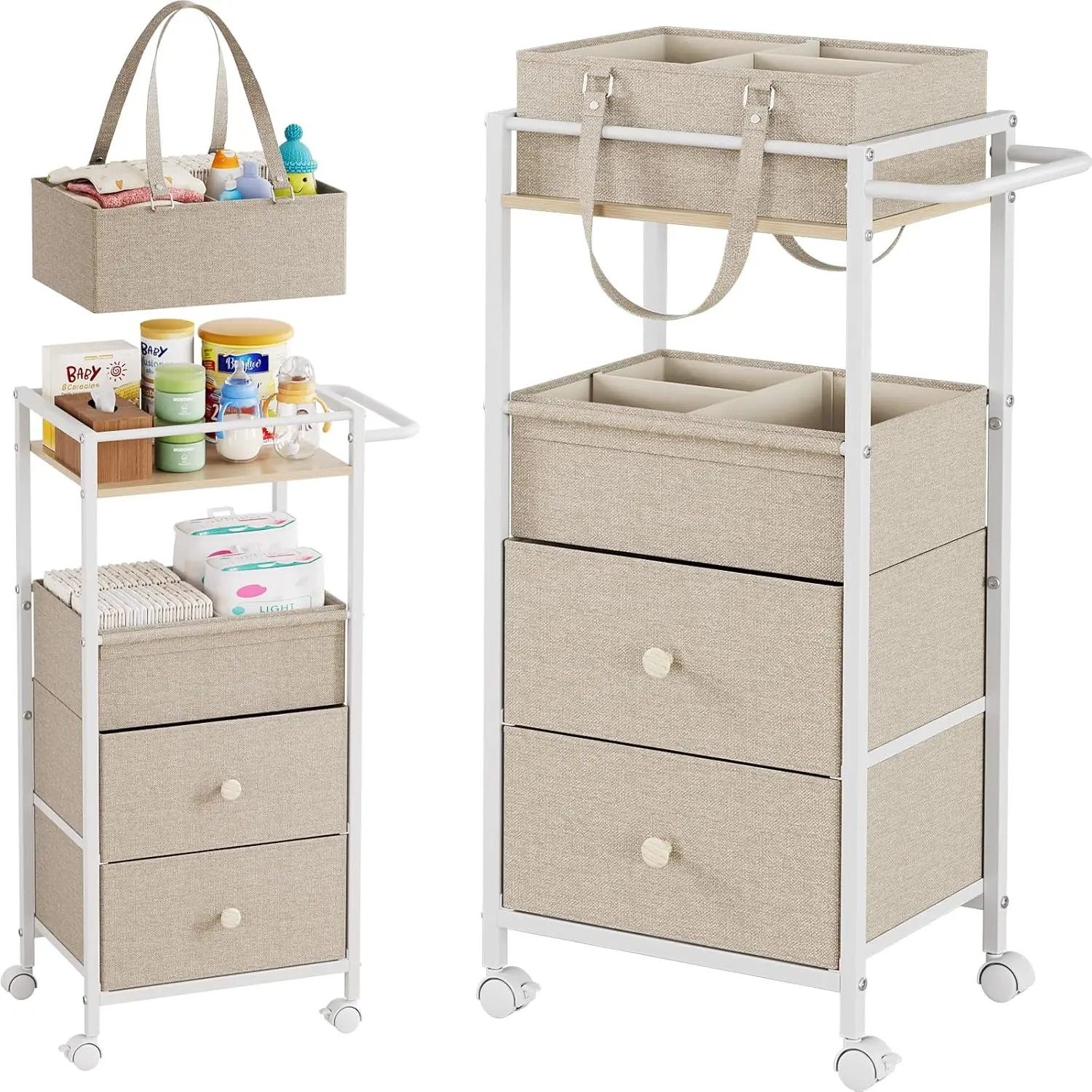 3In1 Modanais Baby Diaper Caddy Organizer Cart with Drawers, Off White | Rolling Storage Cart, Removable Diaper Caddy, Detachable Dividers - for Crib, Bedroom, Art & Craft Organizer