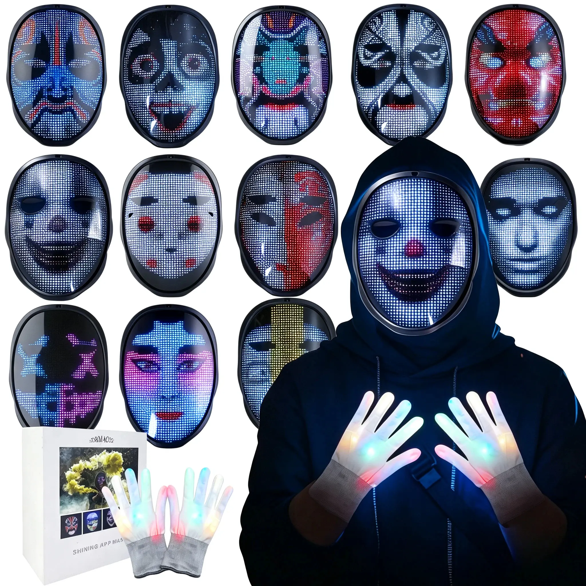 Rechargeable Bluetooth LED Mask with Gloves Set, 115 Patterns Light Up Mask, Interactive Fidget Toy for Halloween Cosplay Costume, Music Festival, Rave Party, Birthday Gifts for Teens Adults