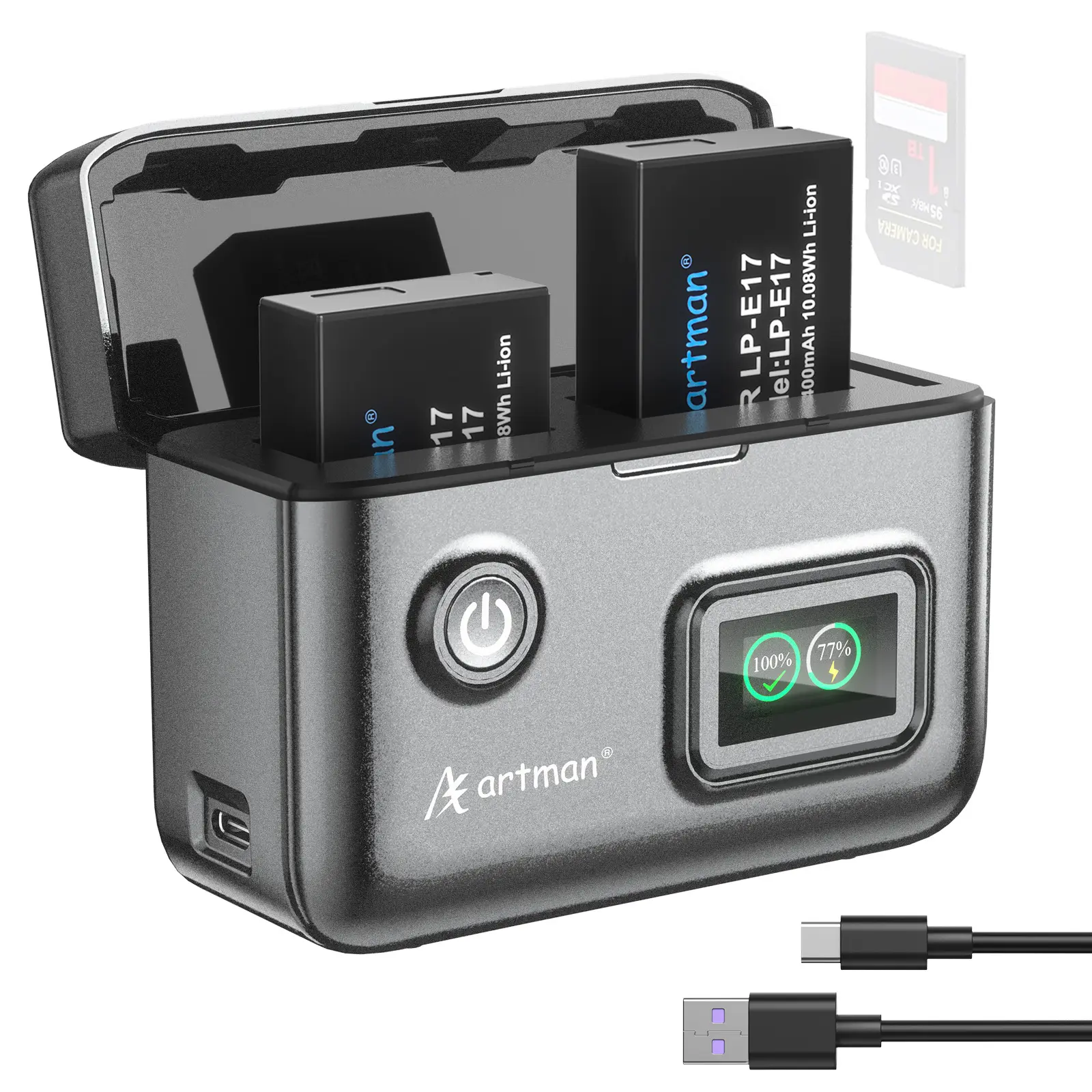 Artman LP-E17 Battery 1400mAh (2-Pack) and 1.5H 2-Slot LCD USB-C Fast Charger for Canon EOS R100 R50 RP R10 R8, Rebel T8i T7i T6i T6s SL2 SL3, M3 M5 M6, 77D 200D 250D 750D Camera,Smart Percent Display