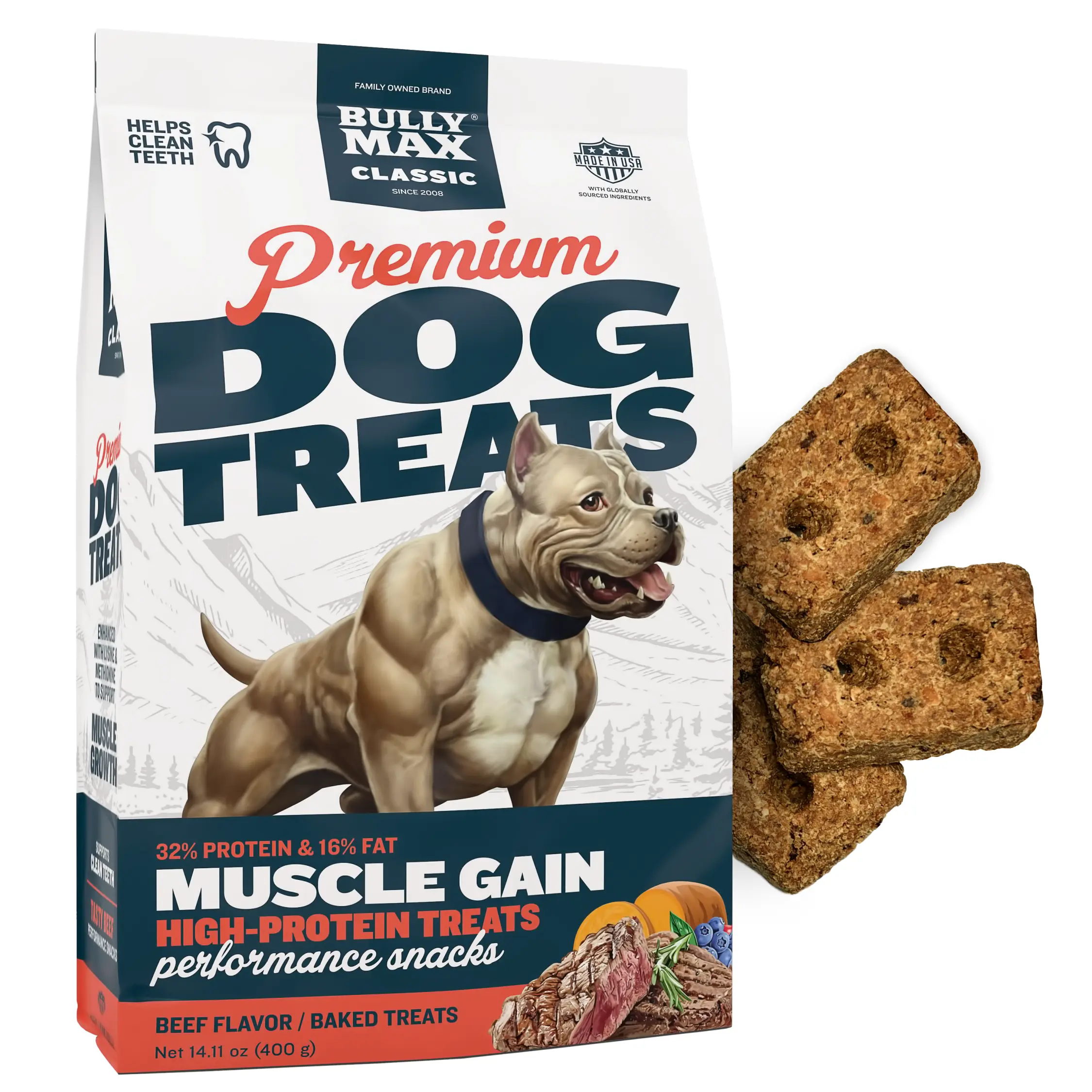 Bully Max Beef Baked Treats - Premium High Protein Dog Treats for Puppy & Adult Dogs - Training Dog Food Treats with 32% Protein, Real Meat, Veggies & BCAAs, 400g Bag