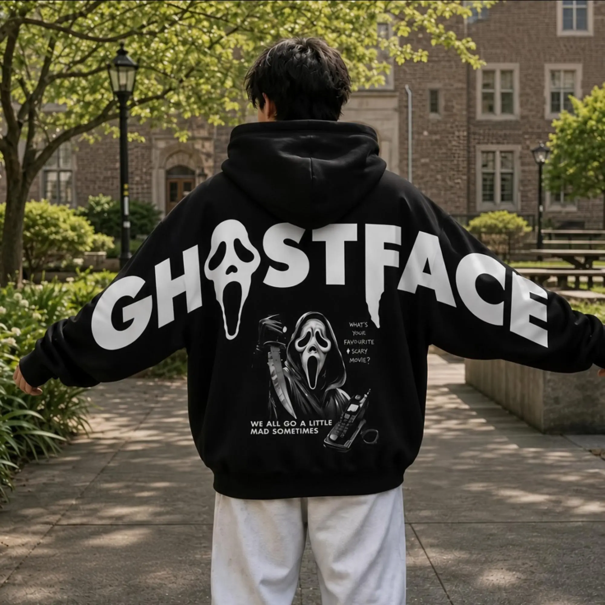 Ghostface Shoulder to Shoulder Hoodie Funny Scream Horror Movie Graphic Sweatshirt Spooky Season Back Print Apparel Scary Film Fan T-Shirt Edgy Streetwear Heavy Metal Style Crewneck Sweatshirt Cozy Pullover Hoodie Gift