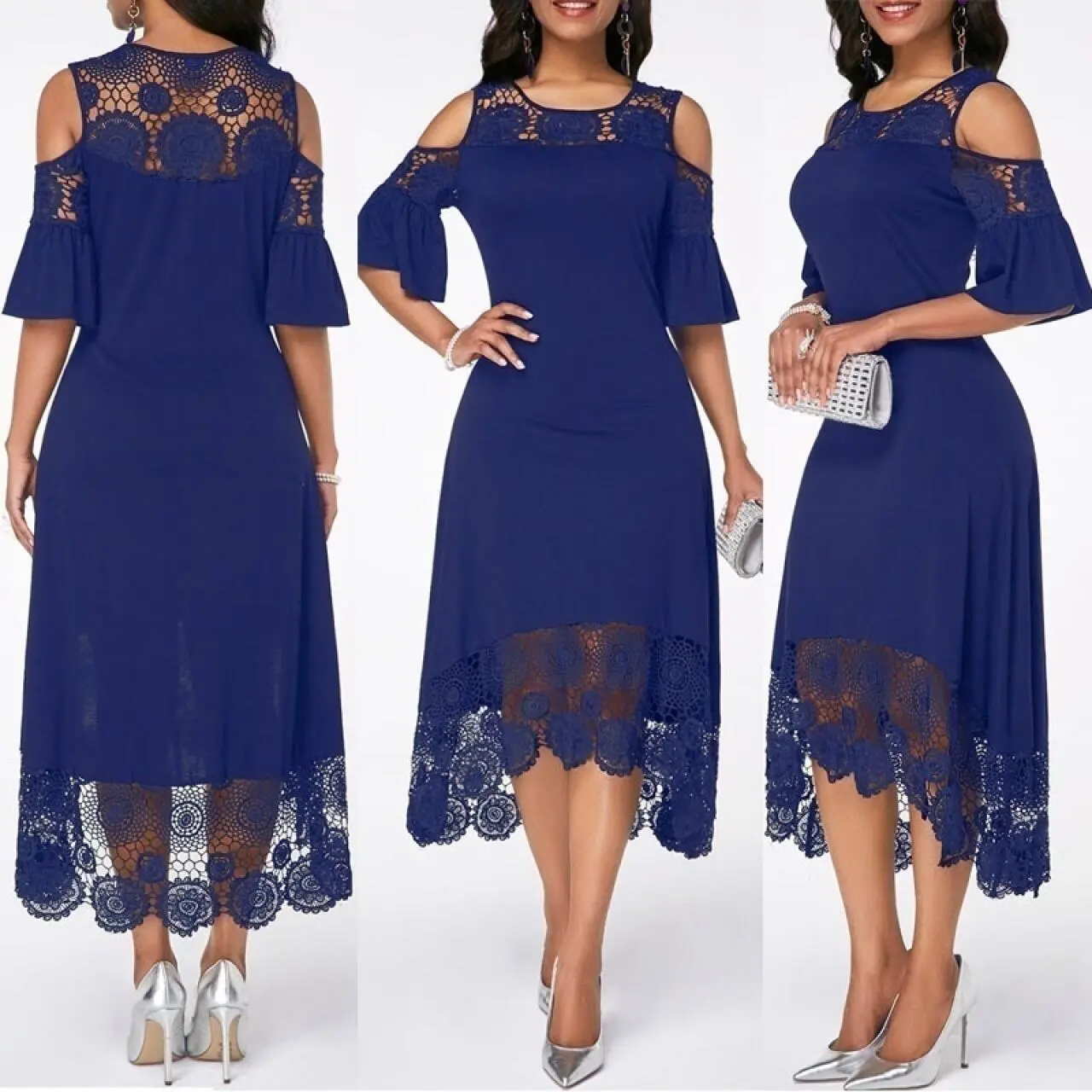 Hot Selling Hollowed Out Lace Bridesmaid Dress, Round Neck Off Shoulder Ruffle Sleeve Dress, Suitable for Parties In The Mid Length Dress, Graduation Gift, Essential for Returning To School