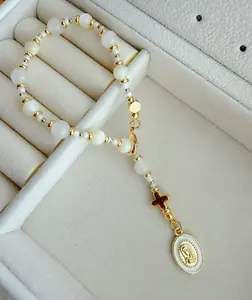 Denario, Clear Quartz and Shell Beads  Rosary Bracelet with Virgin Mary Medal and Cross, 18K Gold Plated