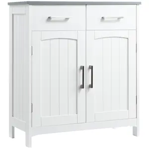 kleankin Bathroom Floor Cabinet, Freestanding Linen Cabinet, Storage Cabinet with 2 Drawers, Double Doors, Adjustable Shelf, White