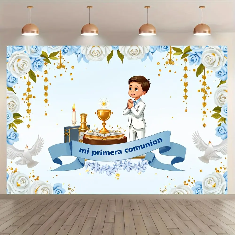 1pc Glam Polyester Soft Fabric Durable 2D Flat Banner, Prince First Communion Decor with Blue & White Florals, Golden Cross, Golden Candlestick, Wall Hanging Backdrop, Party Decoration Supplies, Indoor/Outdoor Use