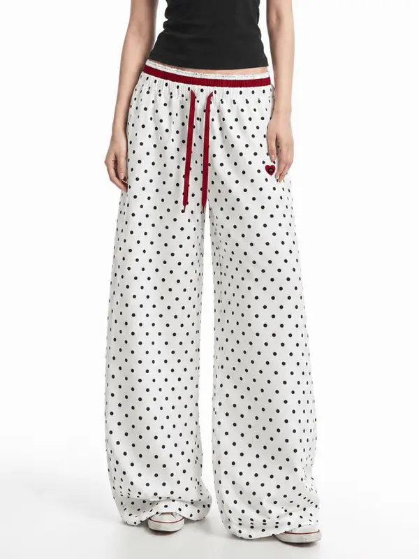 Aelfric Eden Polka Dot Heart Embroidered Wide Leg Sweatpants Classic Polka Dot Print Contrast Color Details Oversized Wide Leg Fit Adjustable Drawstring Waist Ankle Drawstring Women Cute Casual Pants