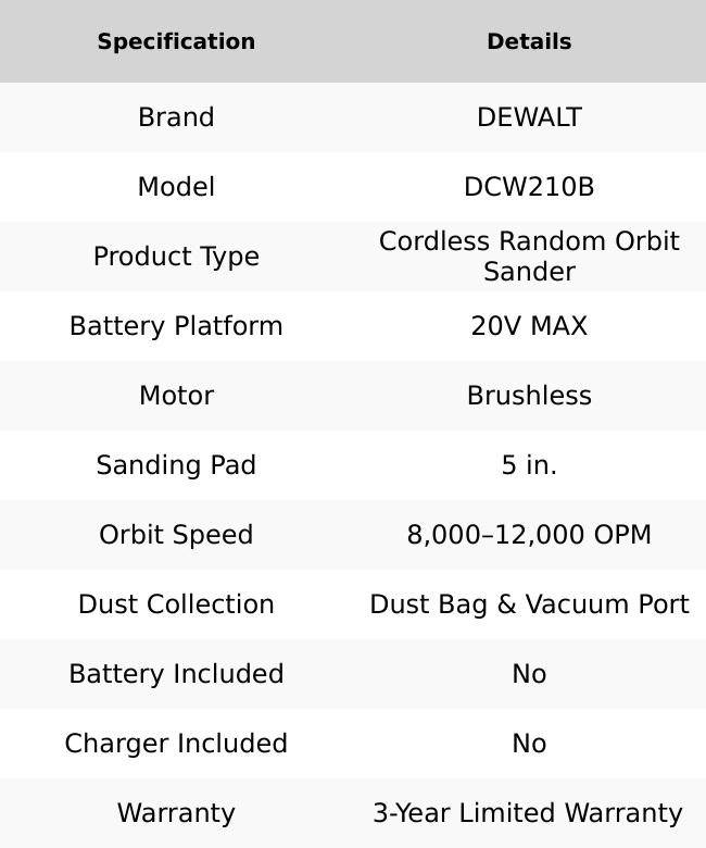 DEWALT 20V MAX Brushless Motor 5 in. Random Orbit Sander, Ideal for Surface Sanding (DCW210B)