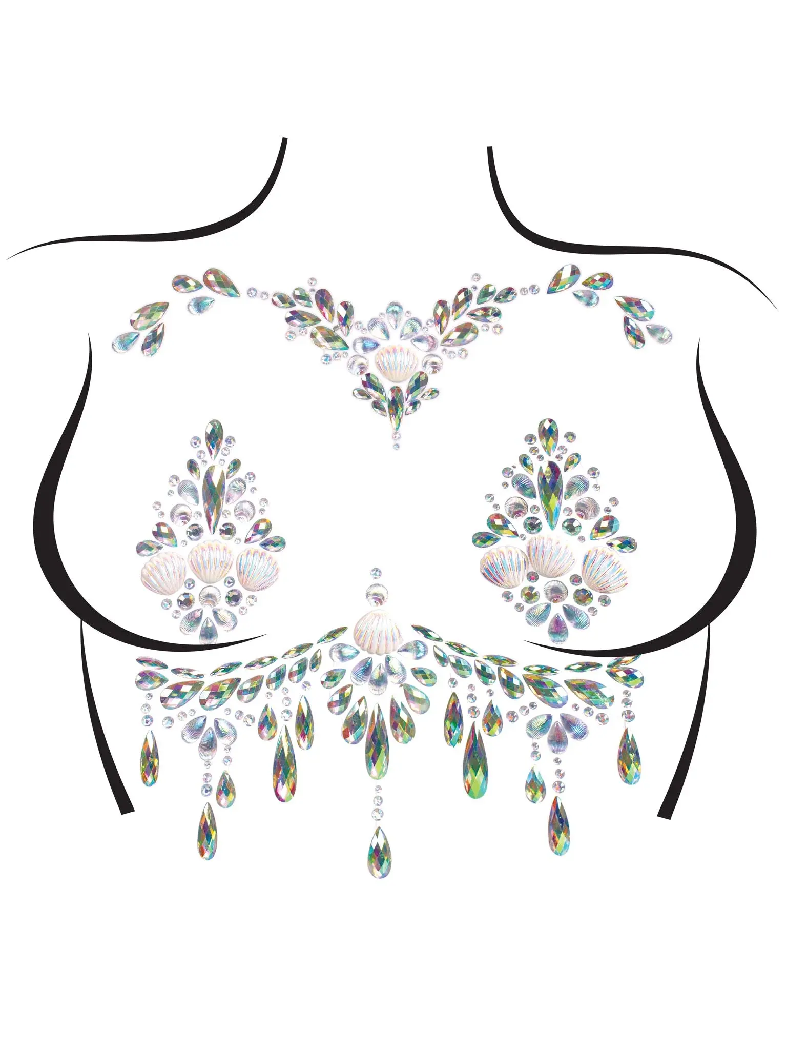 Mermaid Theme Rhinestone Body Jewels, Reusable Temporary Fake Tattoo for Adults, Shell Nipple & Under Bust Stickers for Halloween, Carnival, One Piece