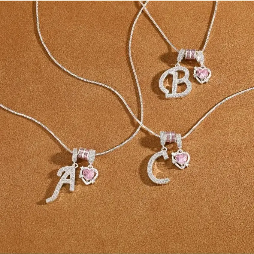 925 Silver Plated 3-Layer A-Z Letter Pendant Necklace with Pink Heart Cubic Zirconia, Dainty Adjustable Box Chain Choker, Personalized Jewelry Gift for Her,Loyalove Initial Necklace for Women,