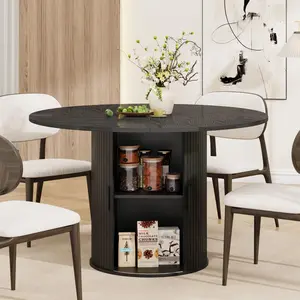Garvee and Garvee Modern Round Dining Tables, 47 Inch Diameter, Seating 4-6 People, Featuring 2-Tier Storage Shelves with Sliding Wood Doors, Available in Natural Wood and Walnut Finishes, Space-Saving Design for Home
