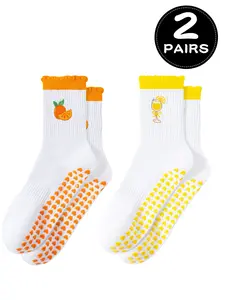 2 Pairs Women's Pilates Grip Socks, Yoga Exercise Socks, Perfect for Pilates, Ballet, and Workouts, Cute Embroidered Design