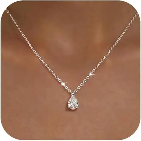 Women's Silver-Plated Tennis Necklace - Hypoallergenic Nickel-Free Bling Effect Glimmer Necklace with Teardrop Rhinestone Pendant, Elegant Gift for Bridesmaid, Wedding Anniversary, Birthday, Glimmer Necklaces