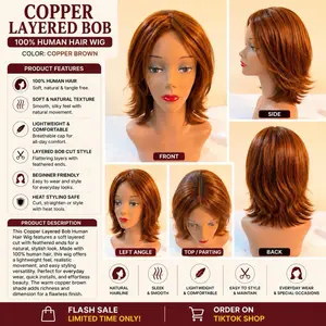 Human Hair Wig | Brown Auburn Layered Bob | Glueless Wear & Go (Color 30)