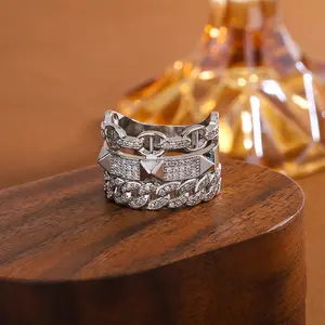Women's Western-Style Triple-Layer Micro-Pavé 5A Cubic Zirconia Geometric Chain Stacking Double Finger Ring - Minimalist, Edgy Statement Piece, Maximalist Jewelry