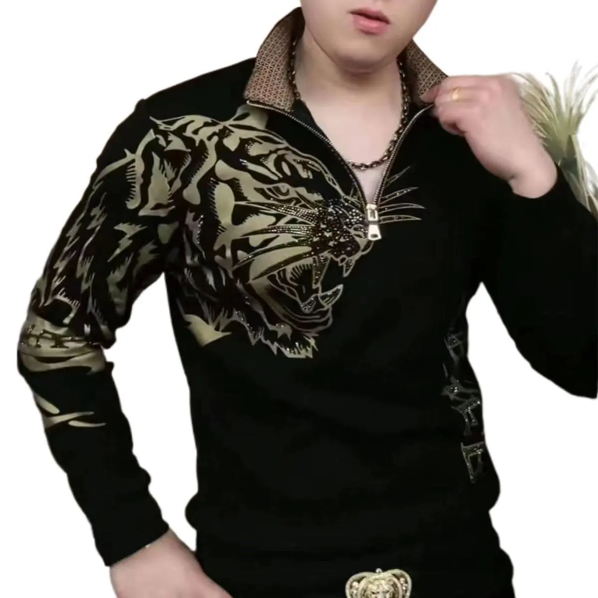 Men's Rhinestone-Embellished Half-Zip Slim Fit Stand Collar Longsleeve Polo Shirt - Casual Menswear Top, Ideal for Valentine's Day, Longsleeves