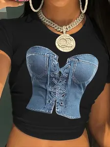Women's Denim Corset Print Crop Graphic Cowgirl Tee, Fashion Casual Round Neck Short Sleeve T-shirt Casual Fashionable Top for Daily Holiday Vacation Outdoor Wear, Ladies Clothes for Summer, Womenswear