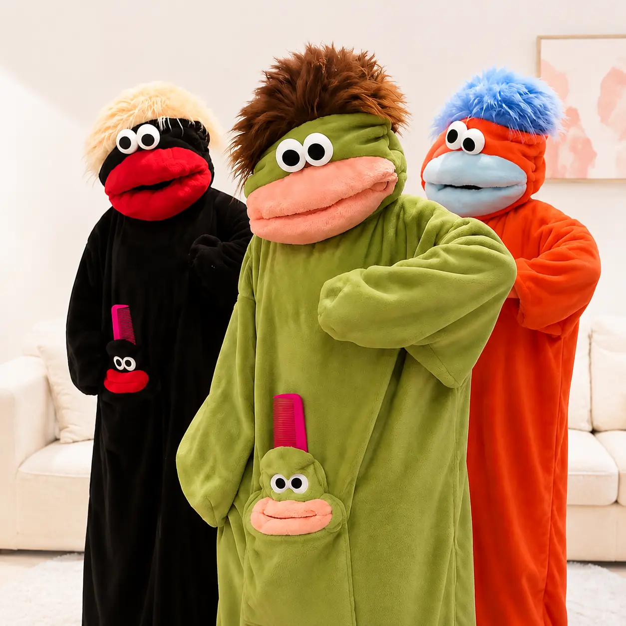 Funny Plush Character Wearable Blanket Hoodie, Soft Coral Fleece Sleepwear Robe, Oversized Warm Pajama Jumpsuit for Family Matching Lounge Outfit, Cozy Winter Gift for Home Relaxation
