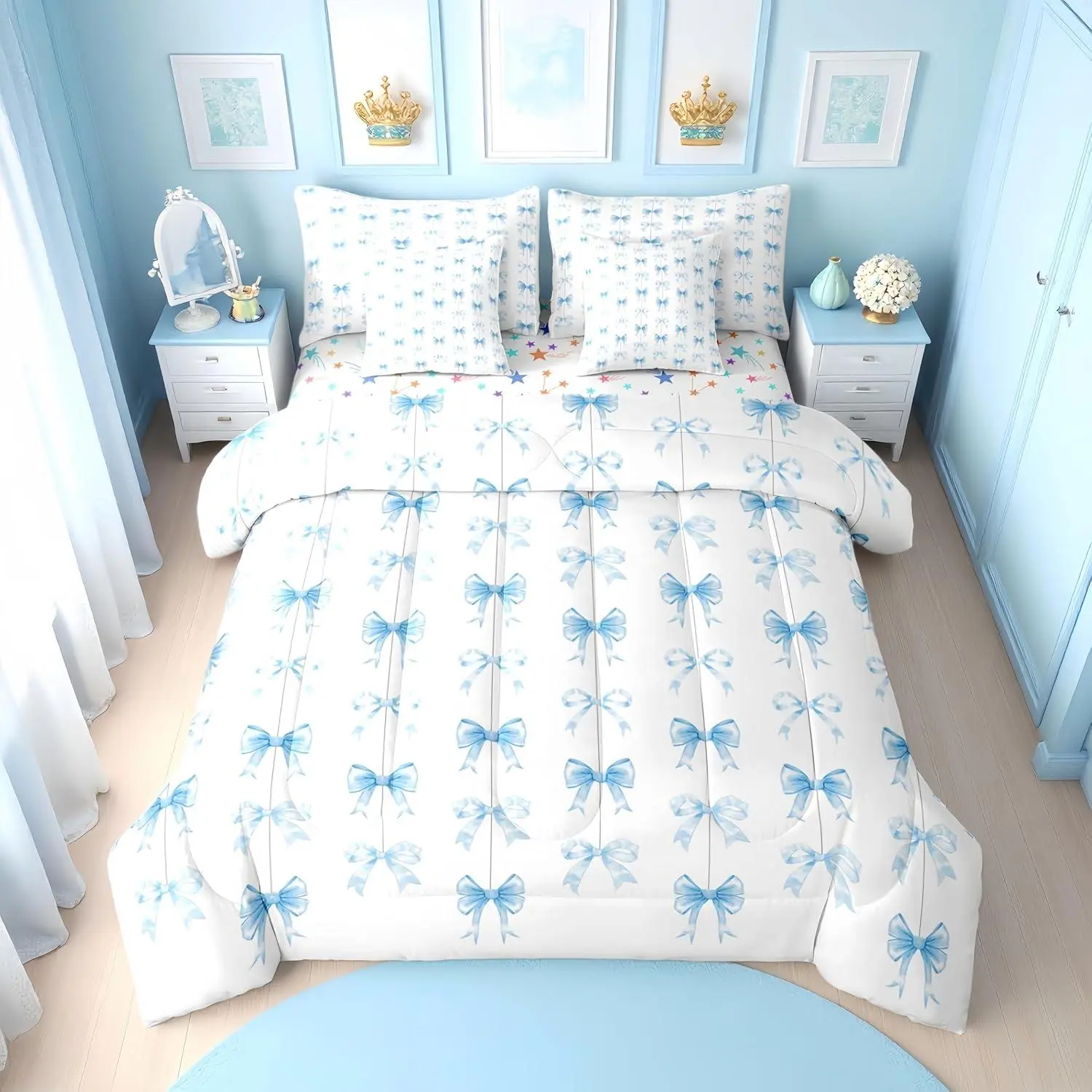 Cute Blue Bow Comforter Bed Set with Sheets,Girls Coquette Bow Tie Bedding Set,7 Piece Kids Women,Blue Ribbon Bows Bed Bag,Kawaii Preppy Bowknot Sheet