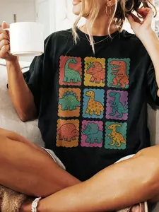 Retro Dino Grid Graphic Tee Dinosaur Shirt
