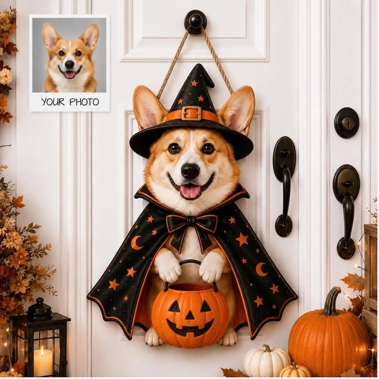 Halloween Door Sign With Corgi Witches, Pumpkins, Broom, Stars, Crescent Moon, Personalized Family Name Festive Porch Decor 2026