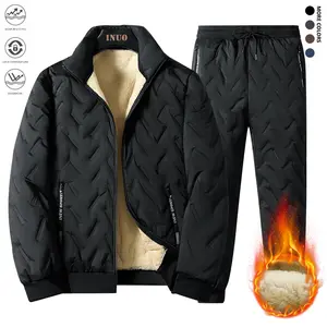Men's Winter Set Jacket with Fleece Lining Windproof Thickened Lambswool Cotton Coat Loose Vest Warm Two-Piece Outdoor Furry Stand Collar Top + Solid Color Jogger Pants Regular Fit