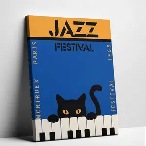 Vintage Jazz Print Retro Jazz Festival Black Cat Canvas Wall Art - Mid Century Modern Piano Unframed Poster, High Quality Vintage Blue Music Typography Canvas Painting for Coffee Shop Gym Gift