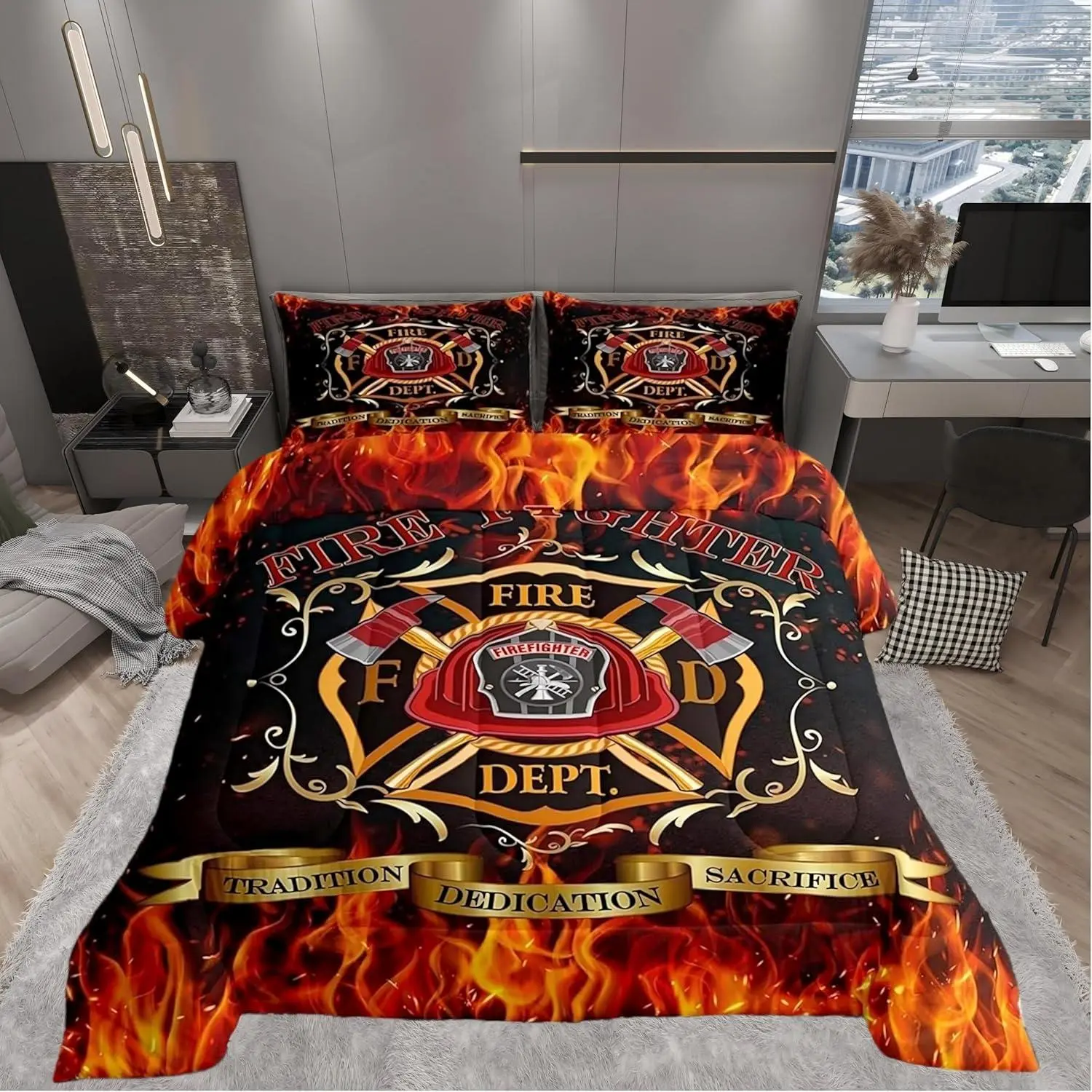 Feelyou Fire Theme Comforter Set - Breathable Polyester Fiber Bedding Supplies, Multi-Size All-Season Bed Blanket Set with Red Flame, Fireman Sign, Fire Engine Decor for Boys, Travel-Ready, Household Bedding Set, Quilt Sets