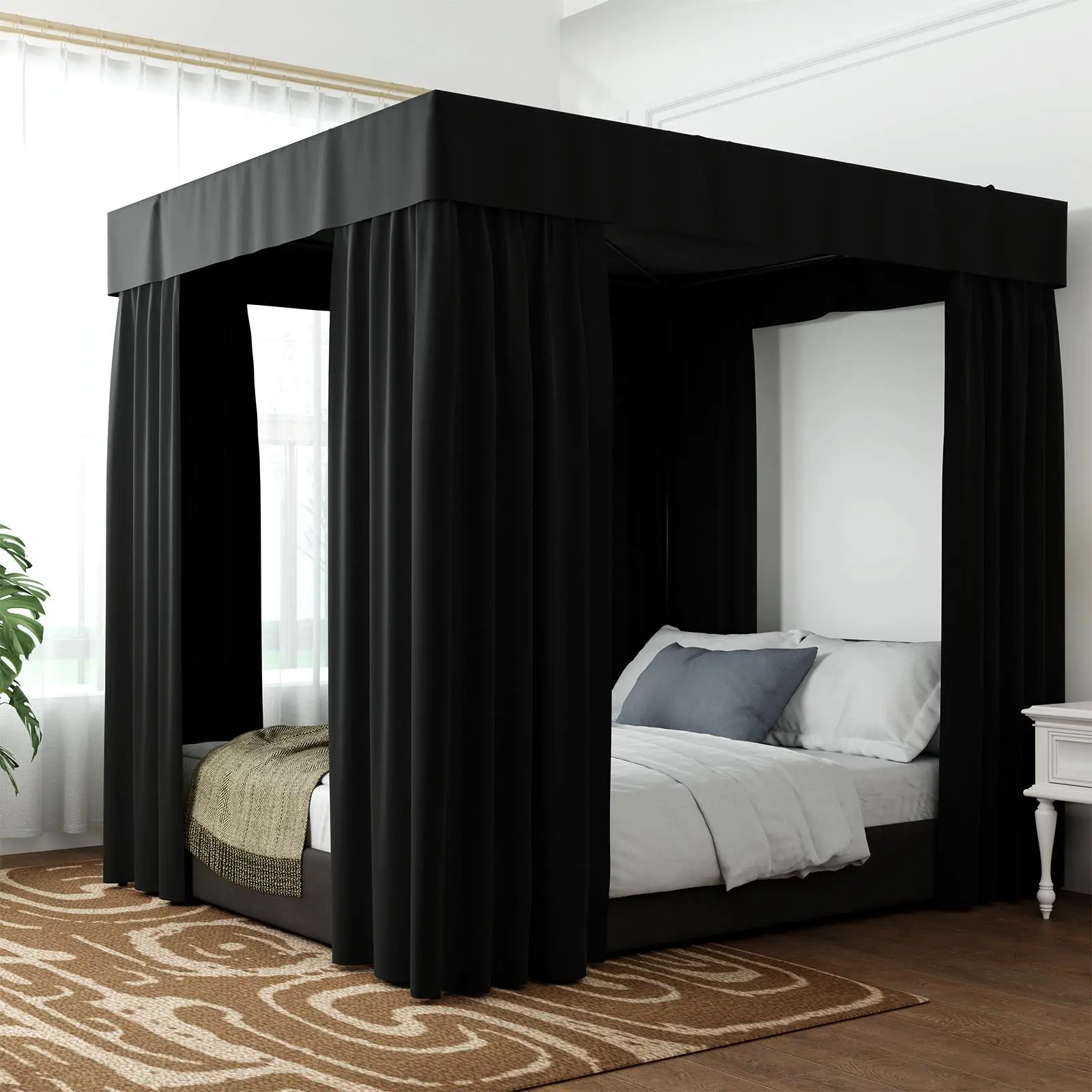 Blackout Bed Curtain, Canopy Bed Curtains, 1 Set Including 1 Count Top Curtain and 4 Counts Side Curtains, Bedding Curtain Blackout Cloth with 2 Ropes & 4 Straps & 80 C-shaped Hooks