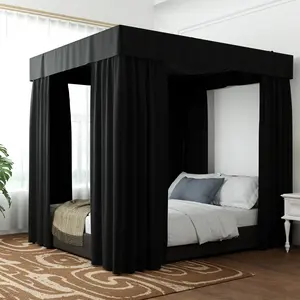 Blackout Bed Curtain, 1 Set Including 1 Count Top Curtain and 4 Counts Side Curtains, Bedding Curtain with 2 Ropes & 4 Straps & 80 C-shaped Hooks