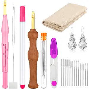 17 Pcs Punch Needle Kit Adjustable Punch Needle Tool Include Wooden Handle Embroidery Pen Cloth Large Eye Sewing Needles for Beginners Adults DIY Craft Gifts(Pink, Purple)