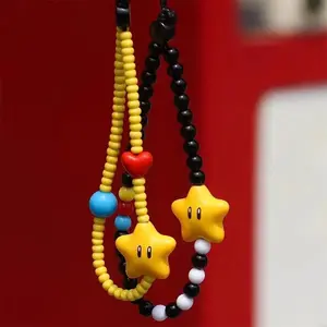 INS Dopamine Star Black Yellow Beaded Phone Charm Strap Pendant For iPhone Camera Accessrioes Chain Lanyard Girls Hanging Rope