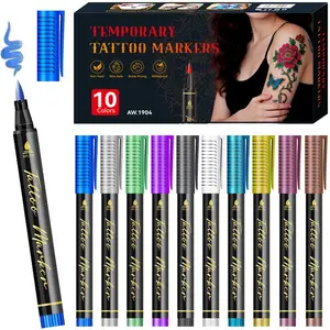 1 Set Temporary Tattoo Pen Kit - DIY Face, Arm & Body Art with 10Colors & 5 Tattoo Stencils for Kids and Adults,  Easy Application for Parties, Events & Personal Decor Makeup body paint