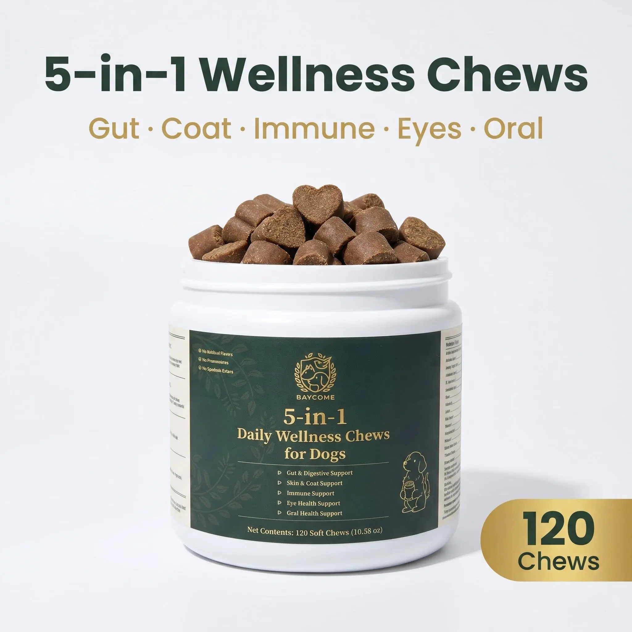 Canine Nutritional Supplement Soft Chews - 5-in-1 Bulk Pack with Probiotics, Cranberry, Lutein, Vitamin A, DL-Methionine - 120 Count, 10.58 oz - Daily Support for Over 12wks Dogs (Gut, Immune, Skin, Eye & Oral Health)
