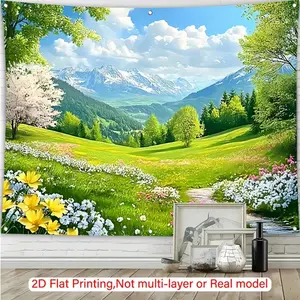 1pc Scenic Floral Meadow with Mountains Landscape Backdrop-Banner, Realistic Nature Photography Background with Flowers, No-Electricity Home & Festive Party Decoration for Home, Studio
