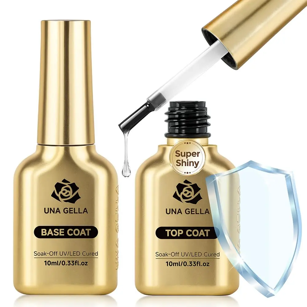 UNA GELLA Gel Base and Top Coat Set, 2-Piece Acid-Free No Wipe Formula for Full Coverage Manicure, High Gloss Strengthening Soak Off UV/LED Polish, Nail Beauty Products, Brush, Cosmetic, Peeling, Gentle, Gel Nails At Home, Easy Nail Art