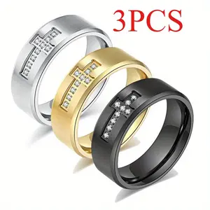 3pcs Set European and American Engraved Cross-Titanium Ring with Diamonds, Engraved inlaid moissanite Index Finger Ring, Light Luxury Hand Jewelry, Non-fading, Valentine'S Day, Father'S Day, Christmas First Choice